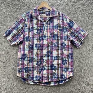 Tommy Bahama Shirt Mens Medium Plaid Floral Linen Cotton Summer Casual Button Up